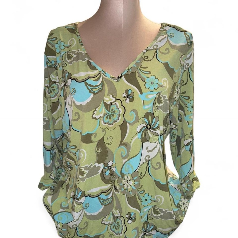 Venezia Floral V-Neck Blouse - Green and Blue Y2K size 14/16